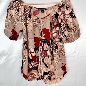 Lucky Brand Boho Floral Peasant Top Short Sleeve Rayon Blouse Women’s Small